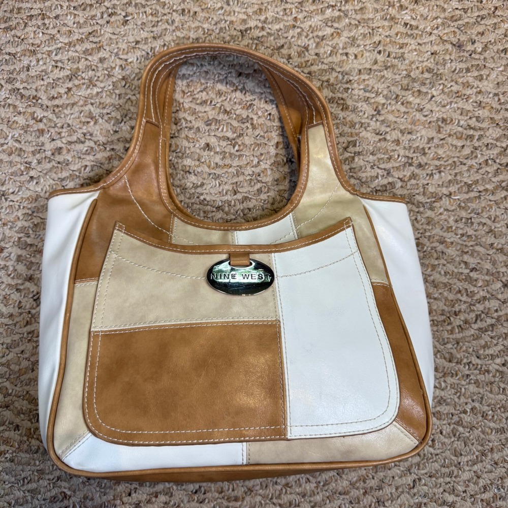 VTG Nine West Patchwork Hobo Shoulder Bag Tan Cream White Faux Leather Neutral